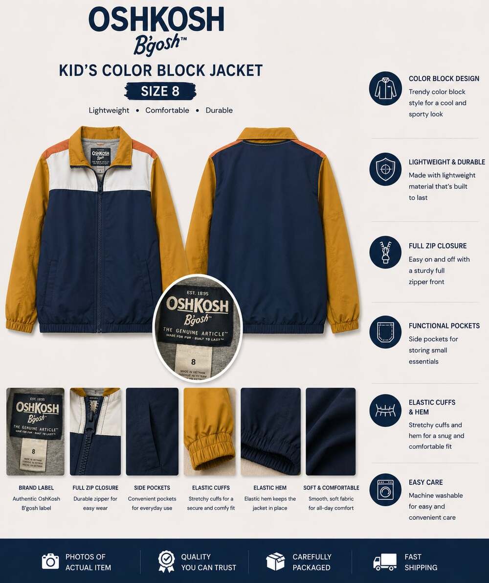 OshKosh B'gosh Kid's Color Block Lightweight Full Zip Jacket Size 8